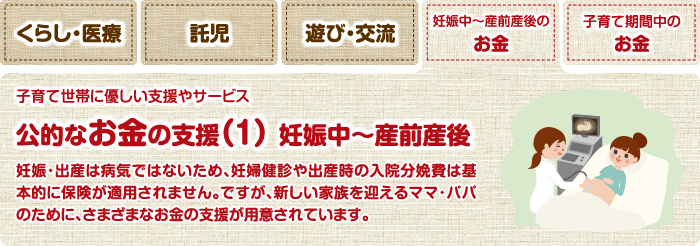 妊娠中～産前産後のお金 子育て世帯に優しい支援やサービス 公的なお金の支援（1） 妊娠中～産前産後 妊娠・出産は病気ではないため、妊婦健診や出産時の入院分娩費は基本的に保険が適用されません。ですが、新しい家族を迎えるママ・パパのために、さまざまなお金の支援が用意されています。