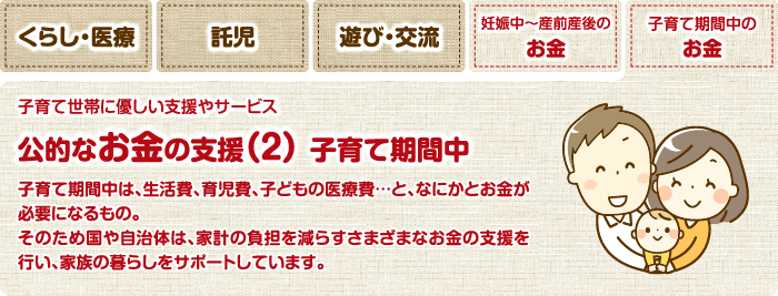 子育て期間中のお金 子育て世帯に優しい支援やサービス 公的なお金の支援（2） 子育て期間中 子育て期間中は、生活費、育児費、子どもの医療費…と、なにかとお金が必要になるもの。そのため国や自治体は、家計の負担を減らすさまざまなお金の支援を行い、家族の暮らしをサポートしています。