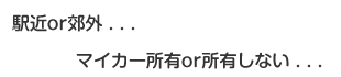 駅近or郊外．．．、マイカー所有or所有しない．．．