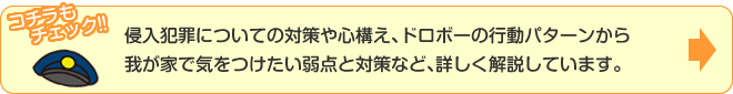 侵入犯罪についての対策や心構え、ドロボーの行動パターンから我が家で気をつけたい弱点と対策など、詳しく解説しています。