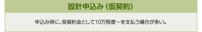 設計申込み（仮契約） 申込み時に、仮契約金として10万程度～を支払う場合が多い。