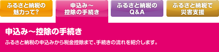 申込み～控除の手続き ふるさと納税の申込みから税金控除まで、手続きの流れを紹介します。