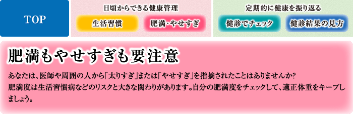 肥満もやせすぎも要注意 あなたは、医師や周囲の人から「太りすぎ」または「やせすぎ」を指摘されたことはありませんか？肥満度は生活習慣病などのリスクと大きな関わりがあります。自分の肥満度をチェックして、適正体重をキープしましょう。