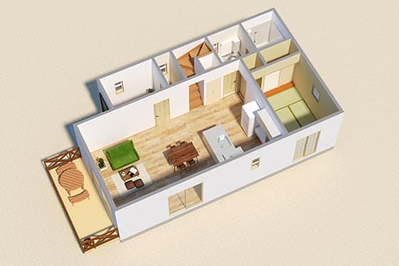 廊下がなく、リビングを中心に各部屋へとつながる間取りイメージ