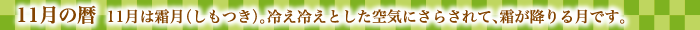 11月の暦  11月は霜月（しもつき）。冷え冷えとした空気にさらされて、霜が降りる月です。