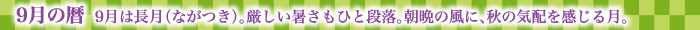 9月の暦  9月は長月（ながつき）。厳しい暑さもひと段落。朝晩の風に、秋の気配を感じる月。
