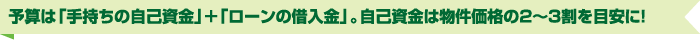 予算は「手持ちの自己資金」＋「ローンの借入金」。自己資金は物件価格の2～3割を目安に！