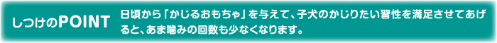 しつけのPOINT 日頃から「かじるおもちゃ」を与えて、子犬のかじりたい習性を満足させてあげると、あま噛みの回数も少なくなります。