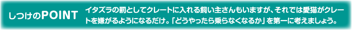 しつけのPOINT イタズラの罰としてクレートに入れる飼い主さんもいますが、それでは愛猫がクレートを嫌がるようになるだけ。「どうやったら乗らなくなるか」を第一に考えましょう。