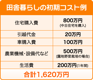 田舎暮らしの初期コスト例/合計1,620万円