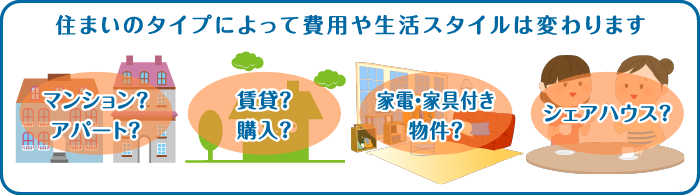 住まいのタイプによって費用や生活スタイルは変わります マンション？アパート？ 賃貸？購入？ 家電・家具付き物件？ シェアハウス？