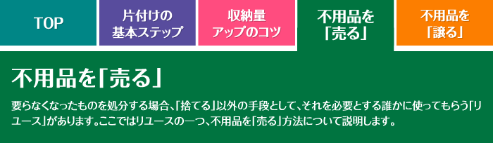 不用品を「売る」 要らなくなったものを処分する場合、「捨てる」以外の手段として、それを必要とする誰かに使ってもらう「リユース」があります。ここではリユースの一つ、不用品を「売る」方法について説明します。