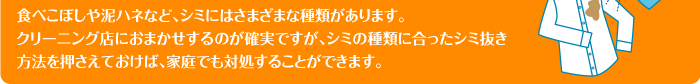 食べこぼしや泥ハネなど、シミにはさまざまな種類があります。クリーニング店におまかせするのが確実ですが、シミの種類に合ったシミ抜き方法を押さえておけば、家庭でも対処することができます。