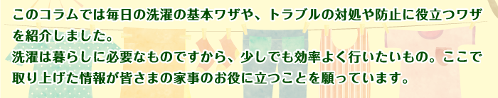 このコラムでは毎日の洗濯の基本ワザや、トラブルの対処や防止に役立つワザを紹介しました。洗濯は暮らしに必要なものですから、少しでも効率よく行いたいもの。ここで取り上げた情報が皆さまの家事のお役に立つことを願っています。