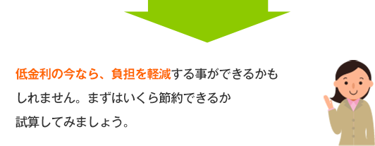 低金利の今なら、負担を軽減する事ができるかもしれません。まずはいくら節約できるか試算してみましょう。